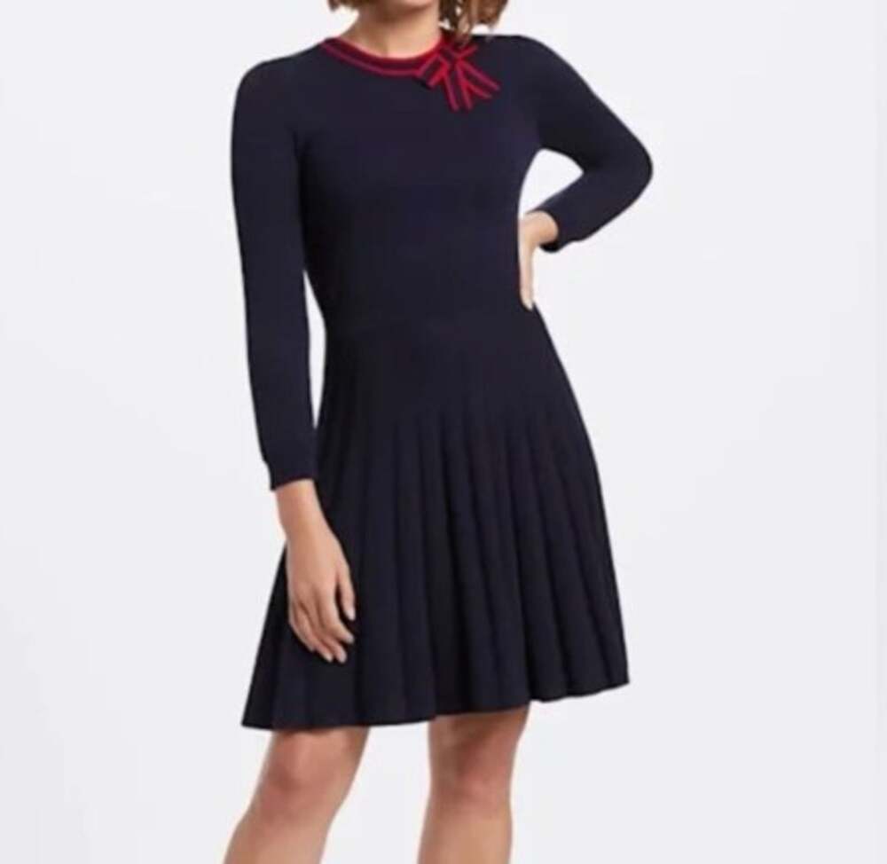 Draper James Sailor Bow Sweater Dress Womens L Navy Red Pleated Preppy NWT